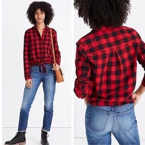 Madewell red black plaid front tie button down shirt